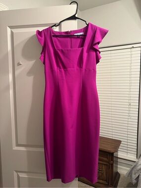 ANTONIO MELANI Magenta Square-Neck Midi Dress with Flutter Sleeves